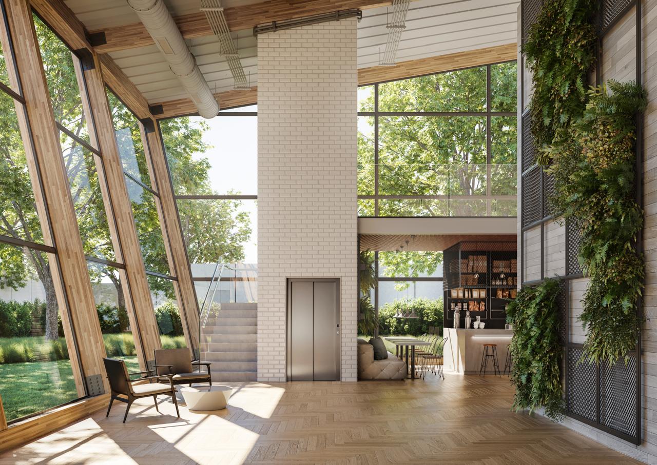 A home lift installed in a modern living room next to a staircase.