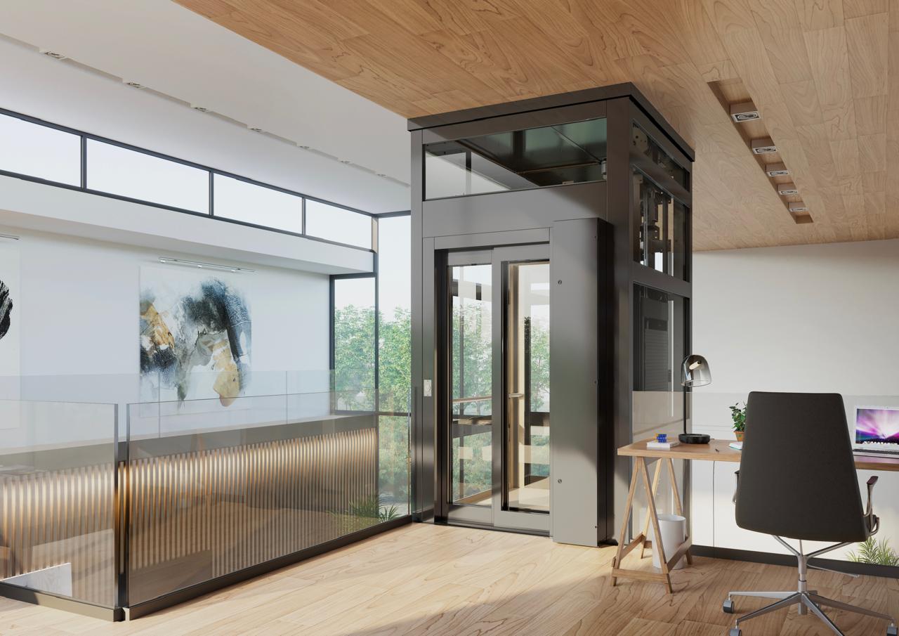A home lift installed in a modern living room next to a staircase.