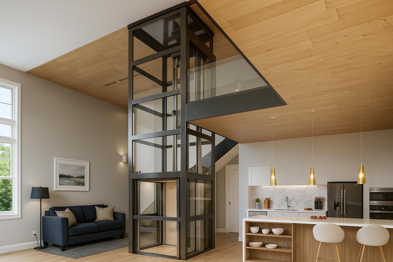 A home lift installed in a modern living room next to a staircase.